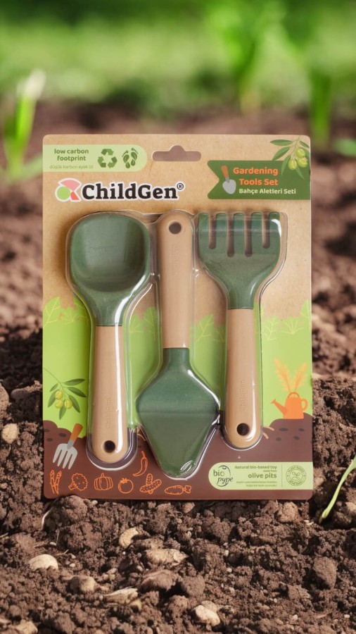 Zestaw zabawkowych narzędzi ogrodowych do ćwiczenia motoryki małej, grabki, szpadel, łopatka, bio plastik / ChildGen