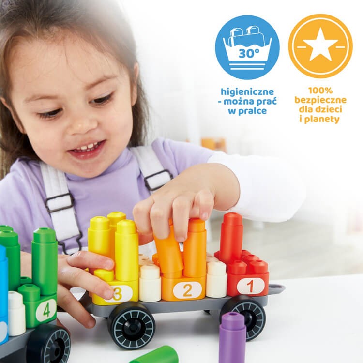 Klocki konstrukcyjne Tęczowy pociąg do liczenia 63 el., 2+ /  PolyM