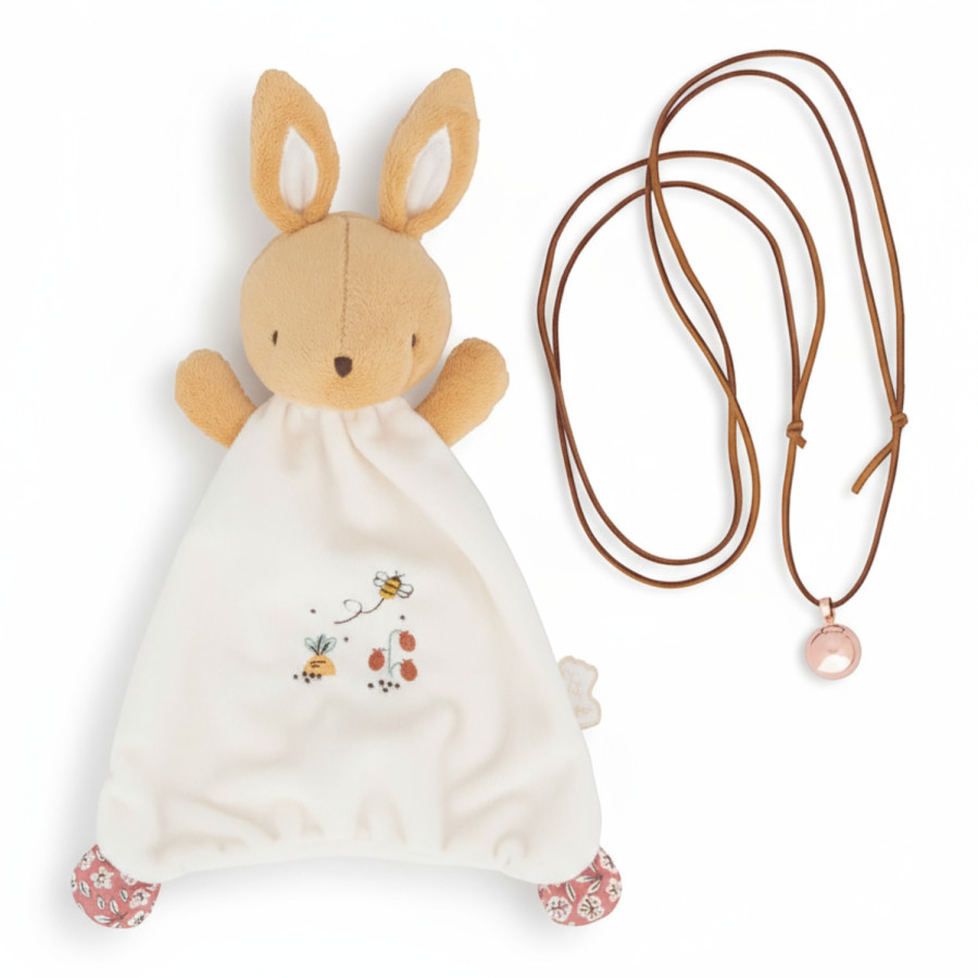 Zestaw prezentowy 2w1 Króliczek (komforter + naszyjnik dzwoneczek ciążowy Bola) Petites Chansons / Kaloo