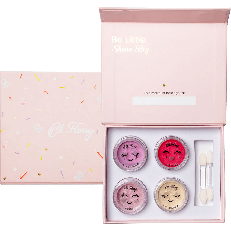 Mini naturalny zestaw do makijażu, cienie do powiek, róż, pomadka i akcesoria / Oh Flossy