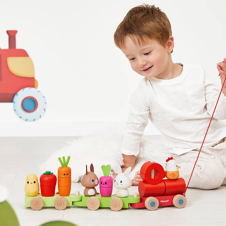 Pociąg z klockami i figurkami do ciągnięcia Farma 12m+ / Janod