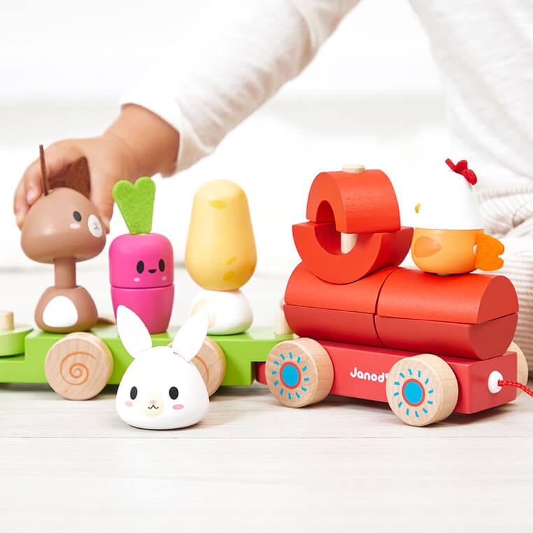 Pociąg z klockami i figurkami do ciągnięcia Farma 12m+ / Janod