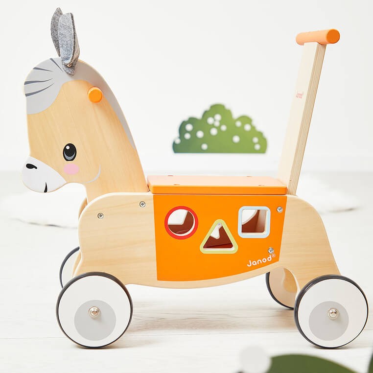 Jeździk i pchacz 2w1 z sorterem kształtów Osiołek Farma 12m+ / Janod