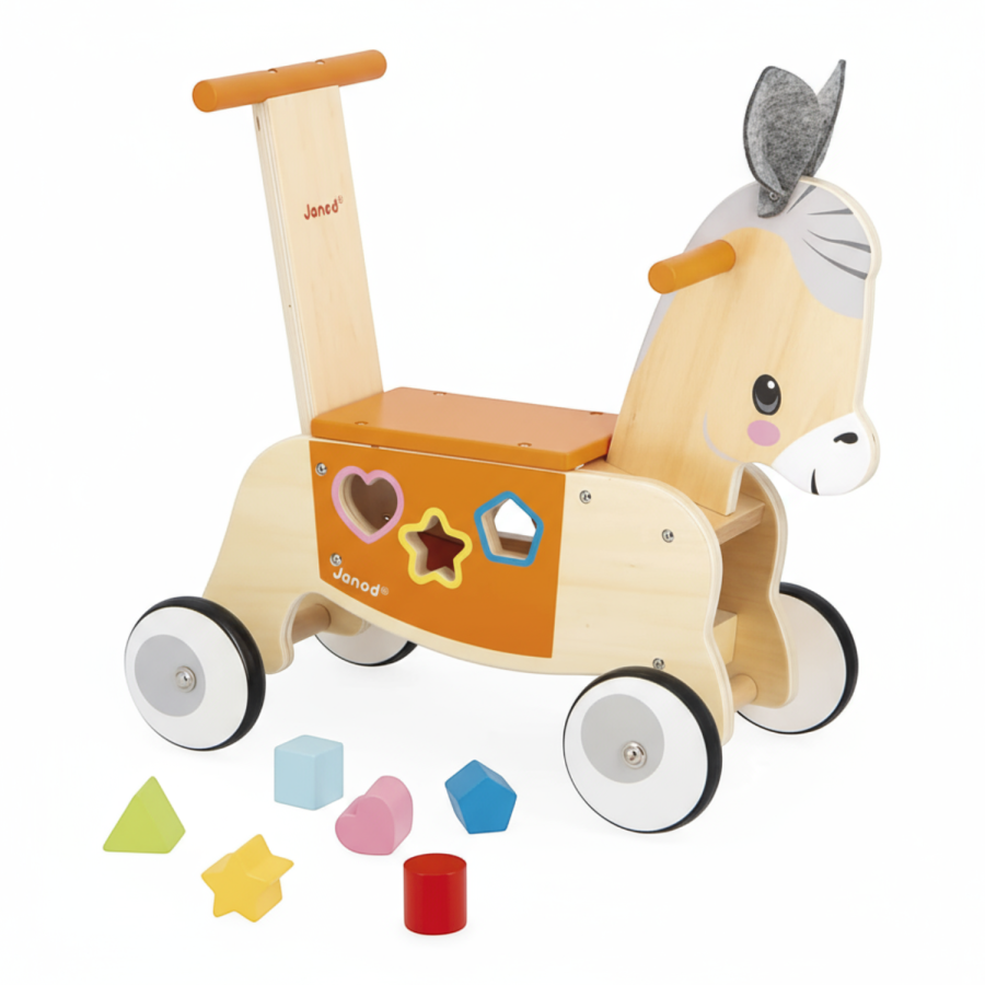 Jeździk i pchacz 2w1 z sorterem kształtów Osiołek Farma 12m+ / Janod