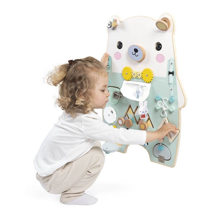 Duża drewniana tablica manipulacyjna 20 aktywności Miś Pure 18m+ / Janod