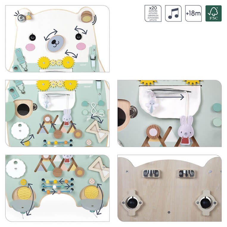 Duża drewniana tablica manipulacyjna 20 aktywności Miś Pure 18m+ / Janod