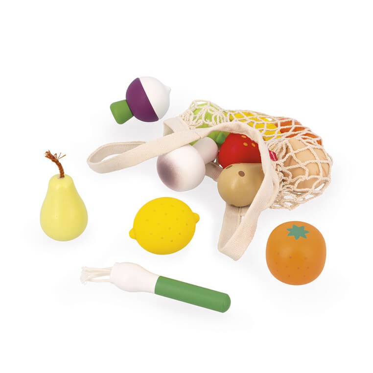 Zestaw drewnianych warzyw i owoców w siatce 12 el. Shiny Grandma 3+ / Janod