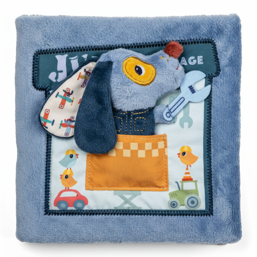 Miękka książeczka aktywizująca "Garaż Pieska Jules'a" 12 m+ / Lilliputiens