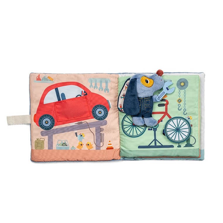 Miękka książeczka aktywizująca "Garaż Pieska Jules'a" 12 m+ / Lilliputiens