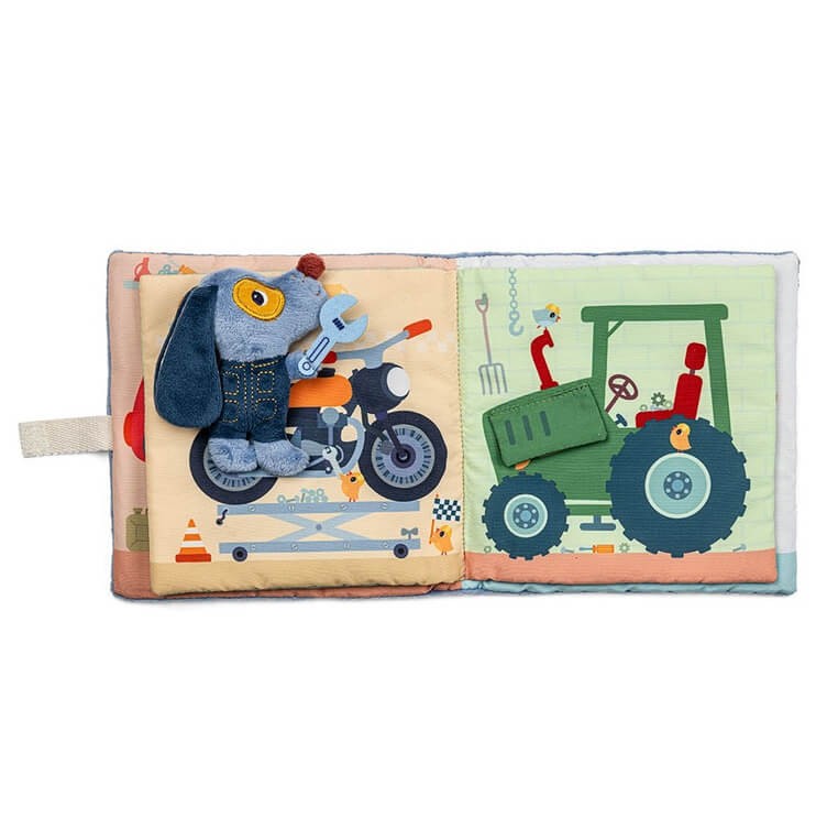 Miękka książeczka aktywizująca "Garaż Pieska Jules'a" 12 m+ / Lilliputiens