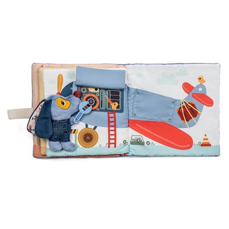 Miękka książeczka aktywizująca "Garaż Pieska Jules'a" 12 m+ / Lilliputiens