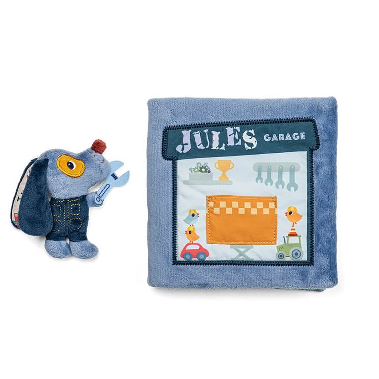 Miękka książeczka aktywizująca "Garaż Pieska Jules'a" 12 m+ / Lilliputiens