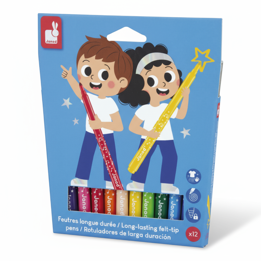 Flamastry pisaki z filcową końcówką 12 kolorów 3+ / Janod