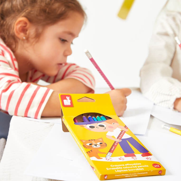 Kredki ołówkowe zmazywalne z gumką 12 kolorów 3+ / Janod