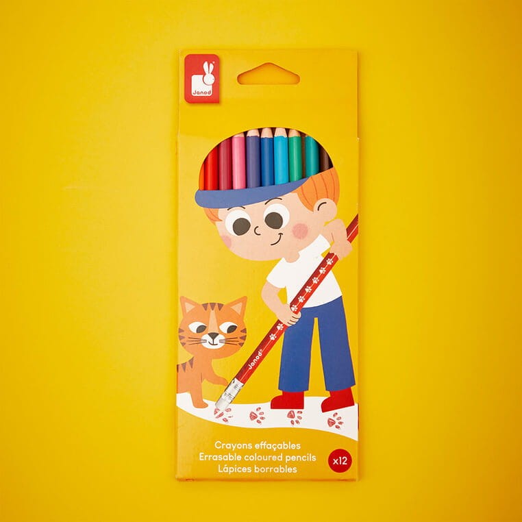 Kredki ołówkowe zmazywalne z gumką 12 kolorów 3+ / Janod