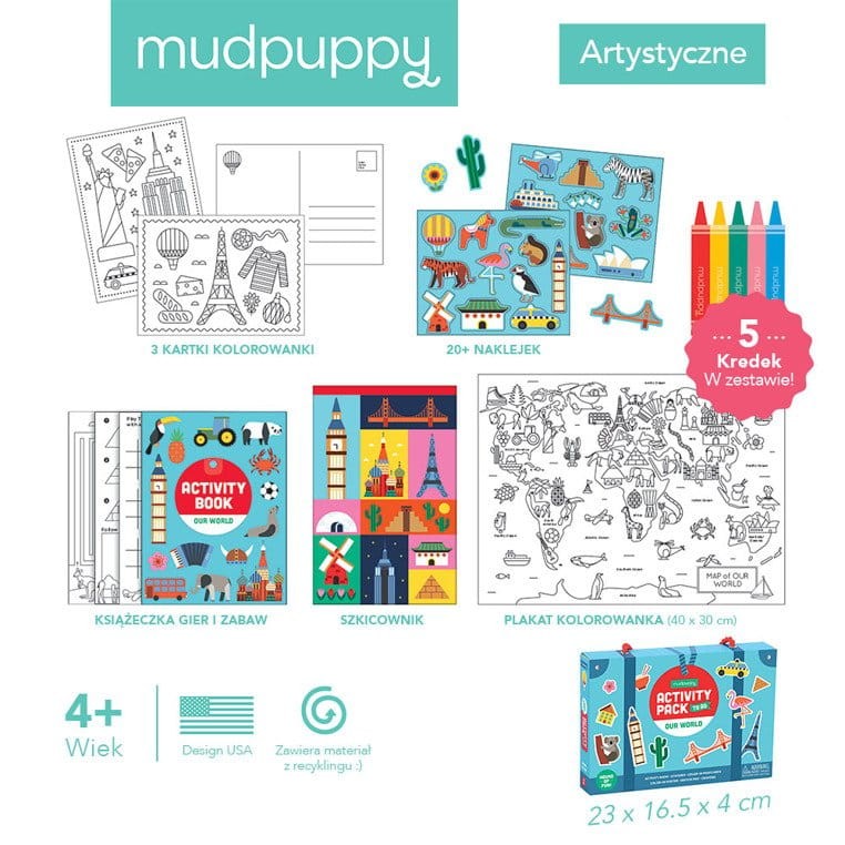 Naklejki, malowanki, łamigłówki z 5 kredkami - Nasz świat 4+ / Mudpuppy