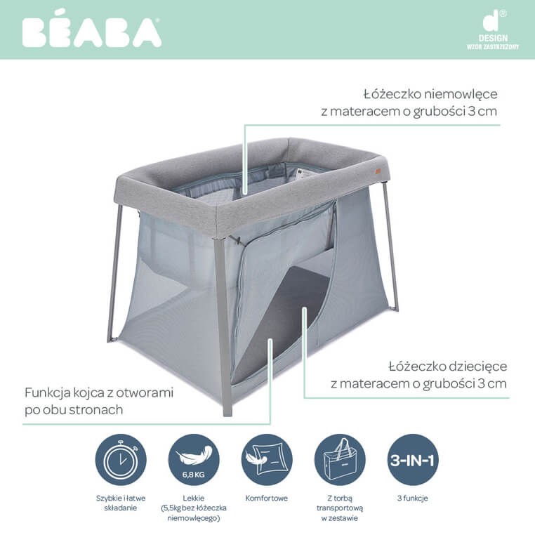 Łóżeczko turystyczne dwupoziomowe z funkcją kojca 3w1 Eazy sleep Heather grey, Pebble / Beaba