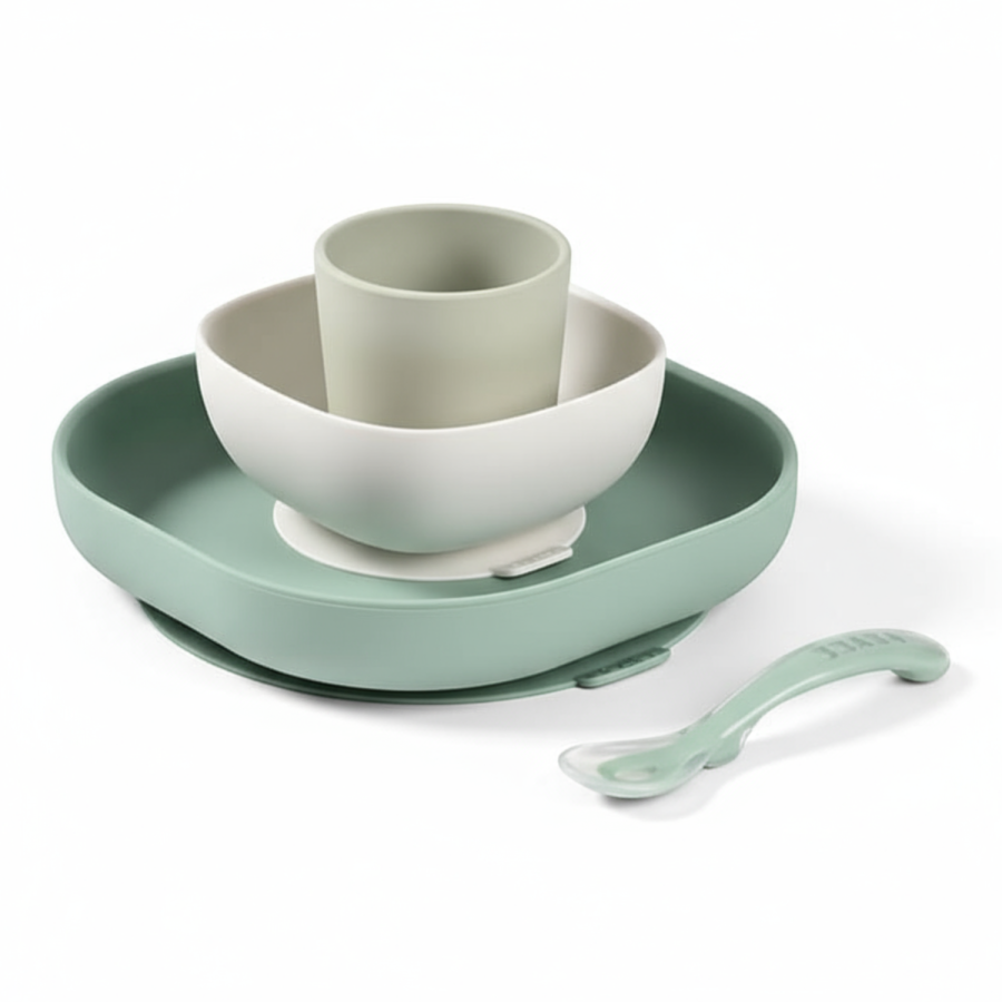 Komplet naczyń z silikonu z przyssawką Sage Green / Beaba