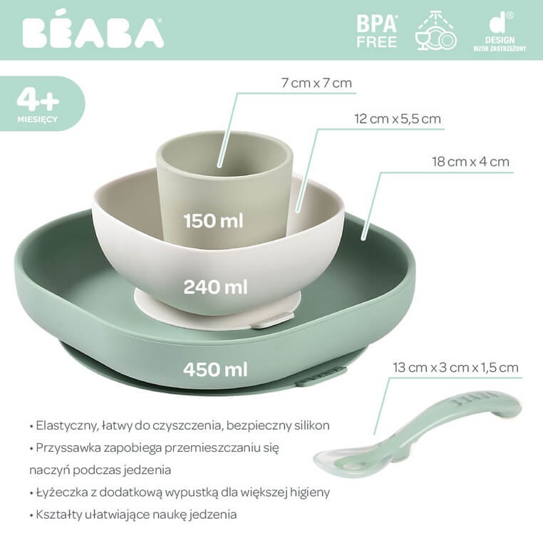 Komplet naczyń z silikonu z przyssawką Sage Green / Beaba
