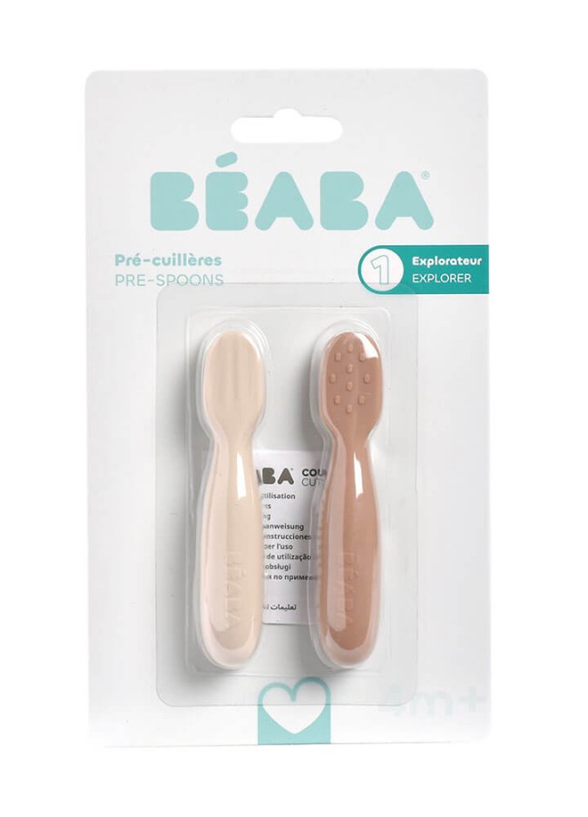 Zestaw 2 silikonowych pierwszych łyżeczek-gryzaków: Praline, clay / Beaba