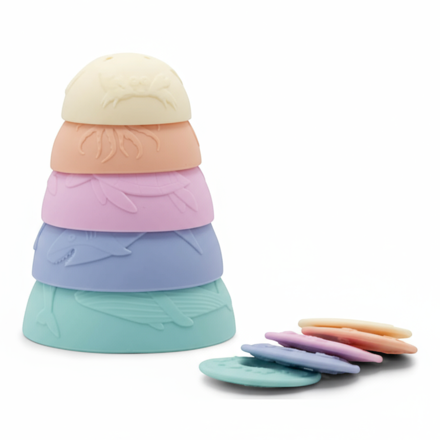 Silikonowe kubeczki, miseczki do układania i do wody z tonącymi dyskami Stacking Cups / Jellystone