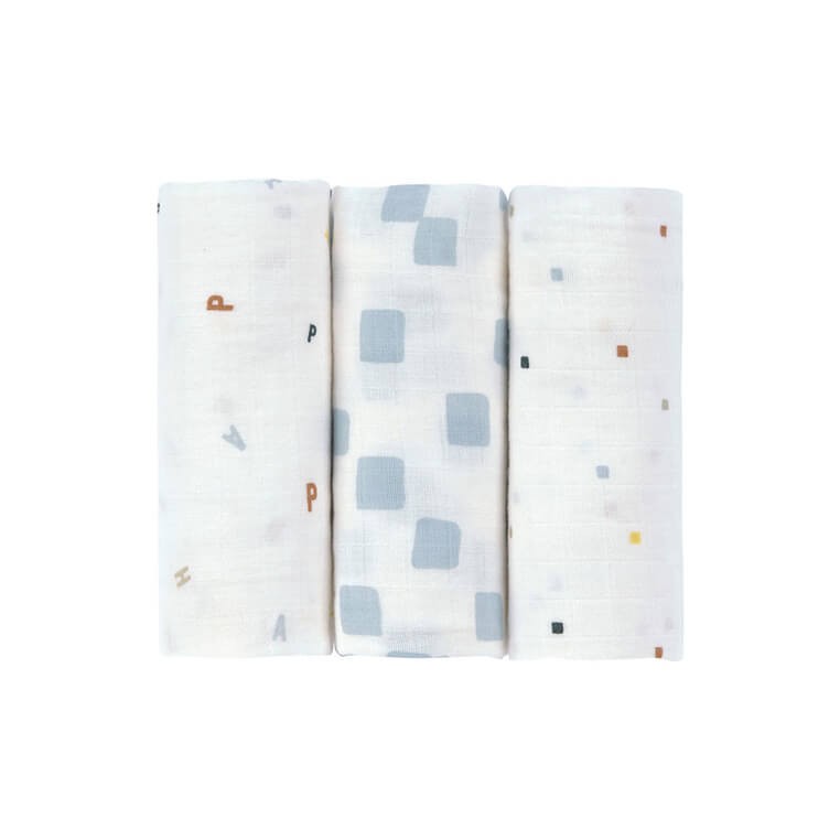 Muślinowy otulacz kocyk z bawełny organicznej 60x60cm zestaw 3 szt. Happy Fruits blue / Lassig