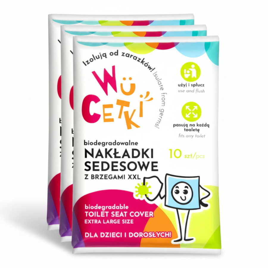 Jednorazowe nakładki na toaletę dla dzieci i dorosłych – wydłużone brzegi, 3 opakowania 10 szt. / WuCetki