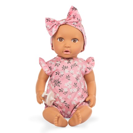 Lalka niemowlę ze smoczkiem, w ubranku w kwiatuszki i opasce, wersja różowa / LullaBaby