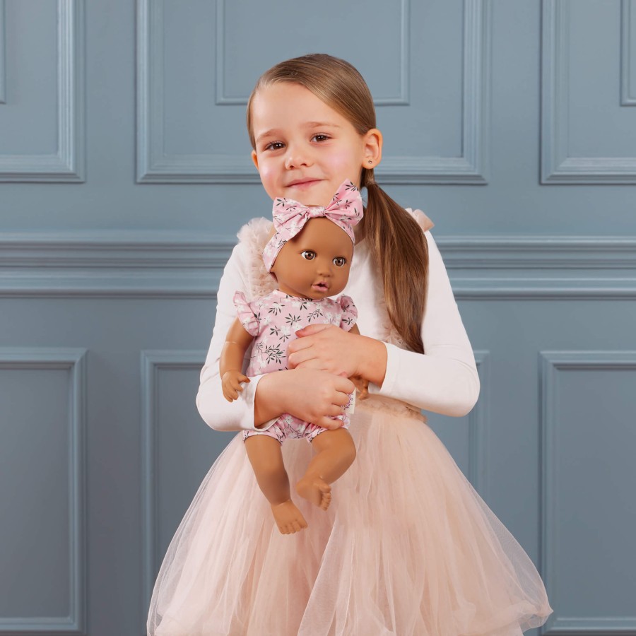 Lalka niemowlę ze smoczkiem, w ubranku w kwiatuszki i opasce, różowe / LullaBaby