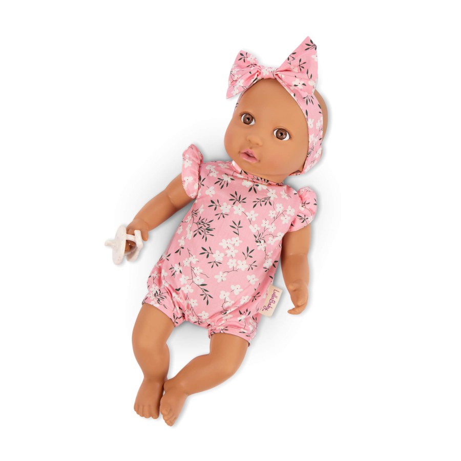 Lalka niemowlę ze smoczkiem, w ubranku w kwiatuszki i opasce, różowe / LullaBaby