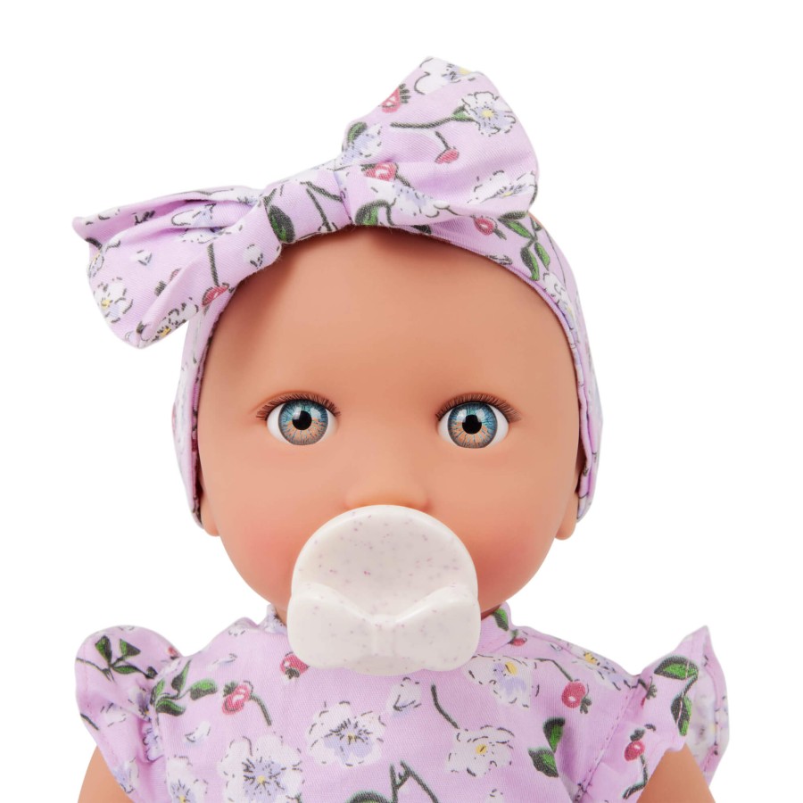 Lalka niemowlę ze smoczkiem, w ubranku w kwiatuszki i opasce, fioletowa / LullaBaby