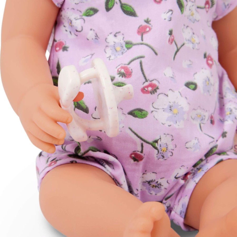 Lalka niemowlę ze smoczkiem, w ubranku w kwiatuszki i opasce, fioletowa / LullaBaby