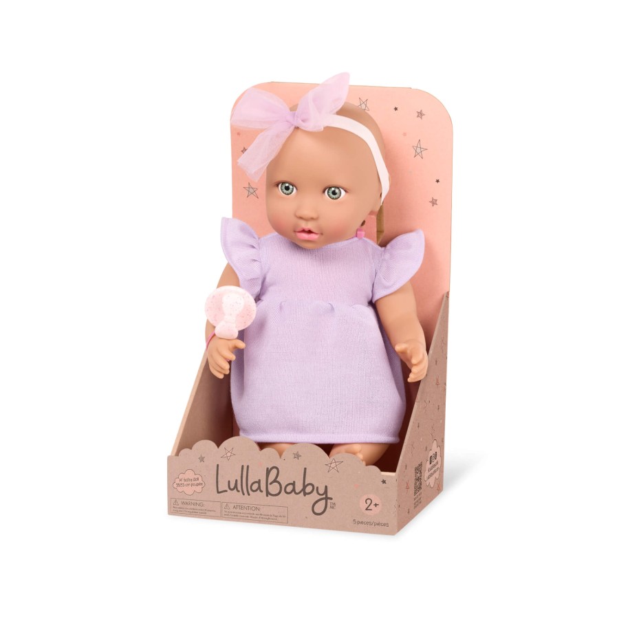 Lalka niemowlę ze smoczkiem, w sukience i opasce, wersja fioletowa / LullaBaby