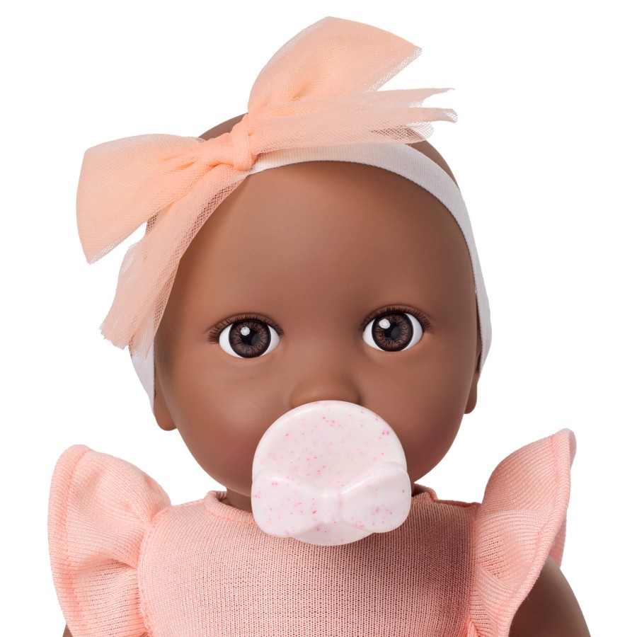 Lalka niemowlę ze smoczkiem, w sukience i opasce, wersja brzoskwiniowa / LullaBaby