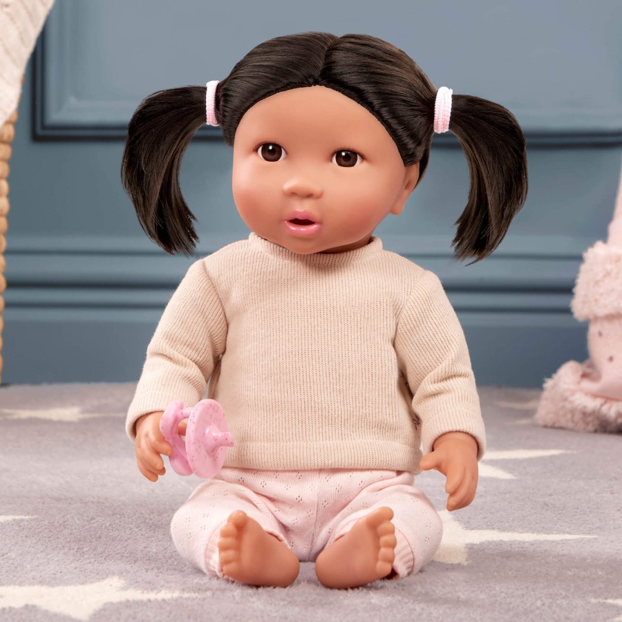 Lalka niemowlę z włosami i smoczkiem, w dwuczęściowym ubranku - brunetka / LullaBaby