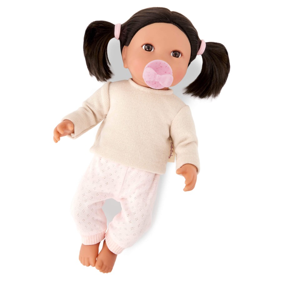 Lalka niemowlę z włosami i smoczkiem, w dwuczęściowym ubranku - brunetka / LullaBaby