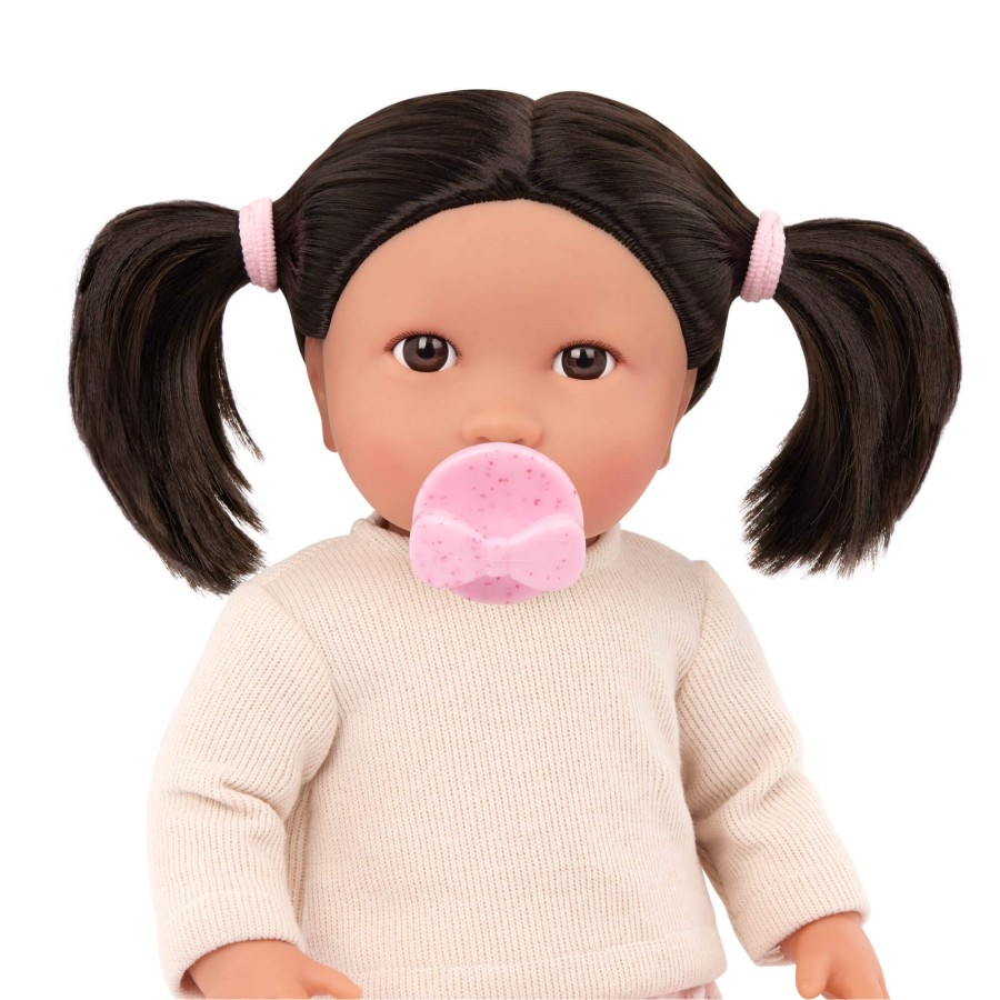 Lalka niemowlę z włosami i smoczkiem, w dwuczęściowym ubranku - brunetka / LullaBaby