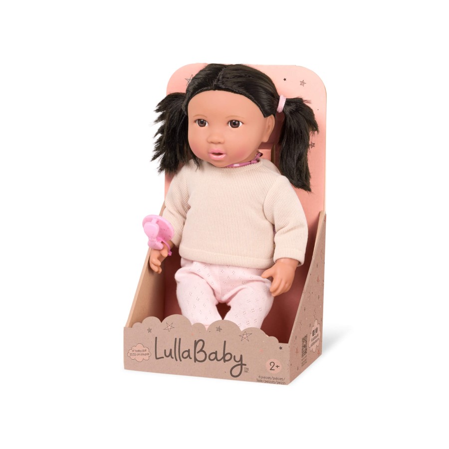 Lalka niemowlę z włosami i smoczkiem, w dwuczęściowym ubranku - brunetka / LullaBaby