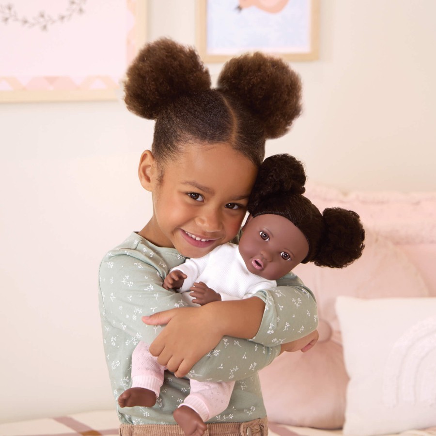 Lalka niemowlę z włosami i smoczkiem, w dwuczęściowym ubranku - ciemnoskóra brunetka / LullaBaby