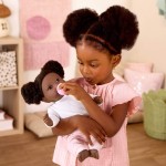Lalka niemowlę z włosami i smoczkiem, w dwuczęściowym ubranku - ciemnoskóra brunetka / LullaBaby