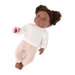 Lalka niemowlę z włosami i smoczkiem, w dwuczęściowym ubranku - ciemnoskóra brunetka / LullaBaby