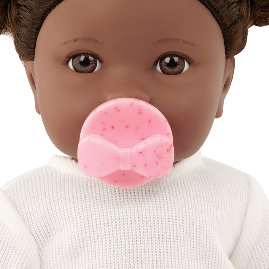 Lalka niemowlę z włosami i smoczkiem, w dwuczęściowym ubranku - ciemnoskóra brunetka / LullaBaby