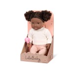 Lalka niemowlę z włosami i smoczkiem, w dwuczęściowym ubranku - ciemnoskóra brunetka / LullaBaby