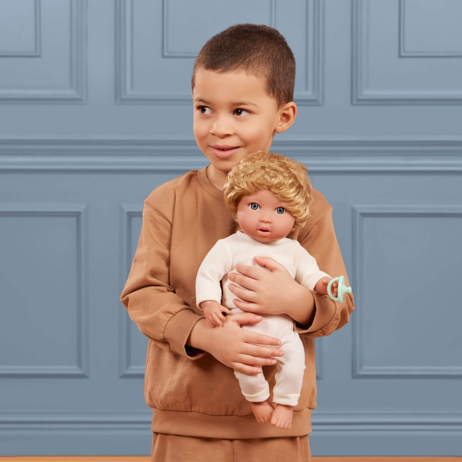 Lalka niemowlę chłopiec z włosami i smoczkiem, w dwuczęściowym ubranku - blondyn / LullaBaby