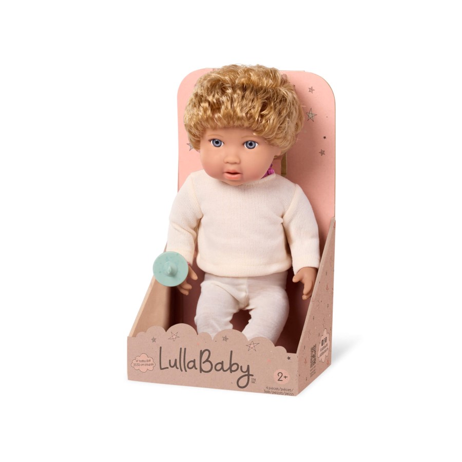 Lalka niemowlę chłopiec z włosami i smoczkiem, w dwuczęściowym ubranku - blondyn / LullaBaby