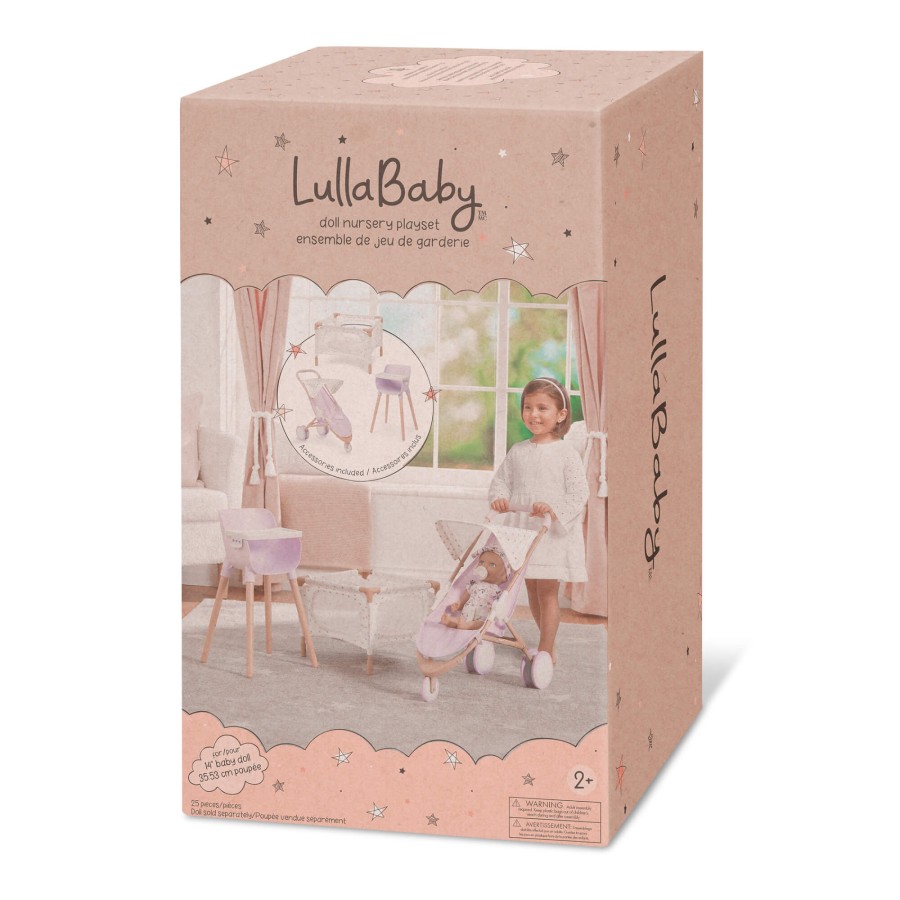 Combo dla lalki niemowlaka – krzesełko do karmienia, kojec i spacerówka, wersja fioletowa / LullaBaby