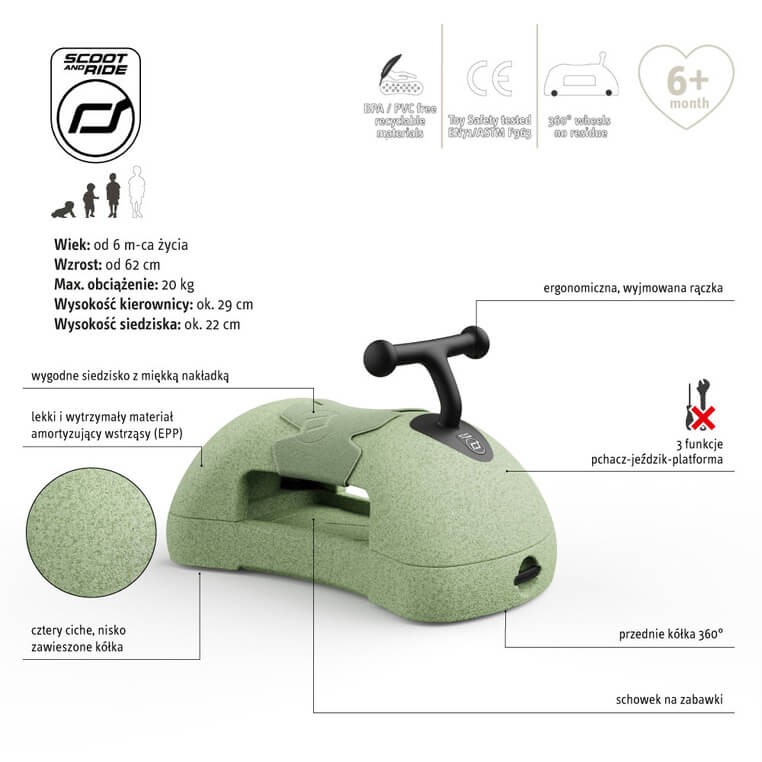 My First - ewolucyjny jeździk pchacz 3w1 6 m+ Olive / Scootandride