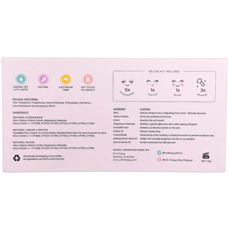 Naturalny zestaw do makijażu DELUXE, cienie, róż, szminka i akcesoria / Oh Flossy