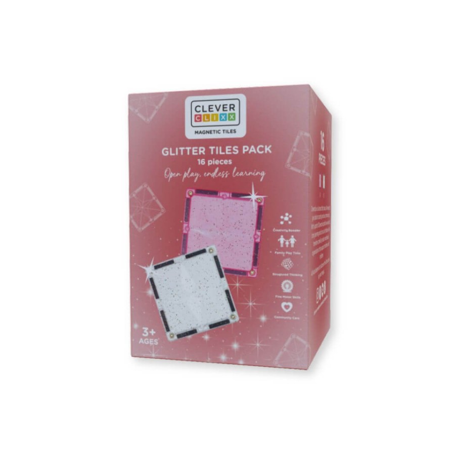 Klocki magnetyczne Glitter Tiles Pack Transparent & Pink - 16 el. / Cleverclixx