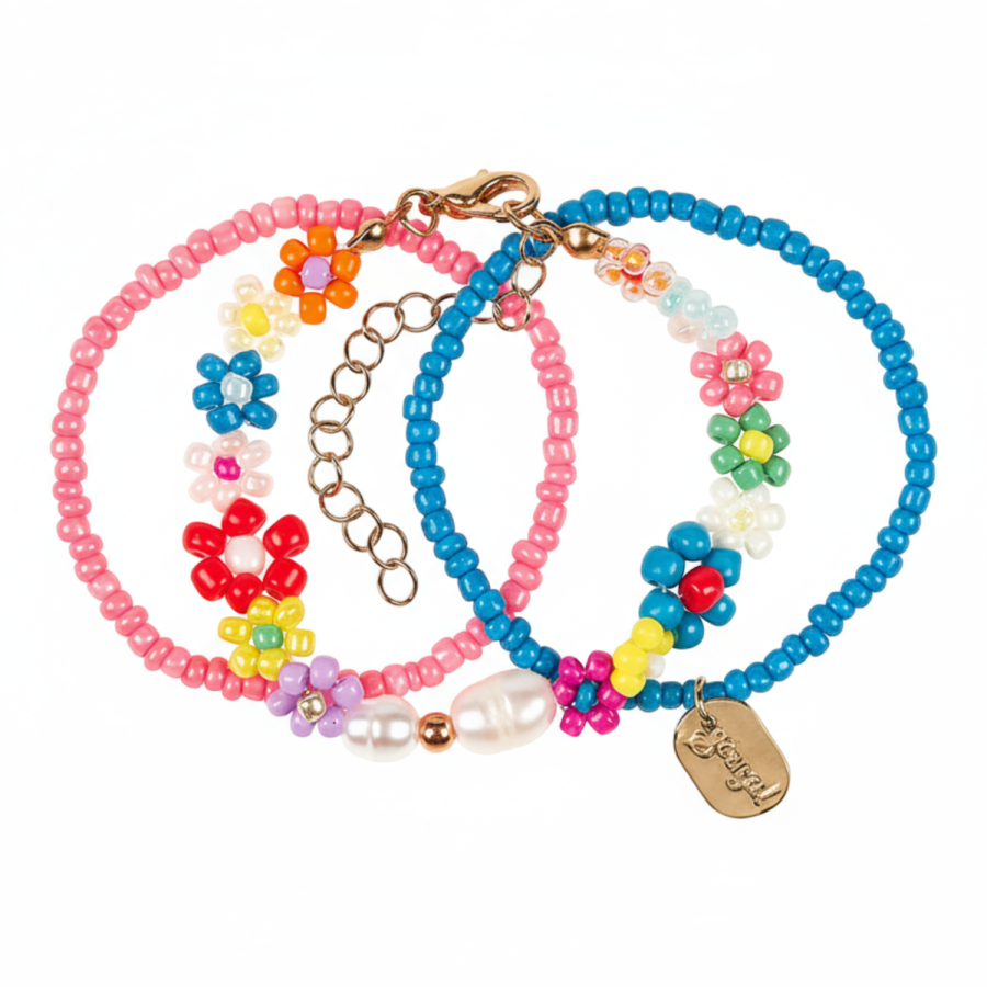 Bransoletki kwiatki z koralików niebiesko - różowe Loiz 3 szt. / Souza!